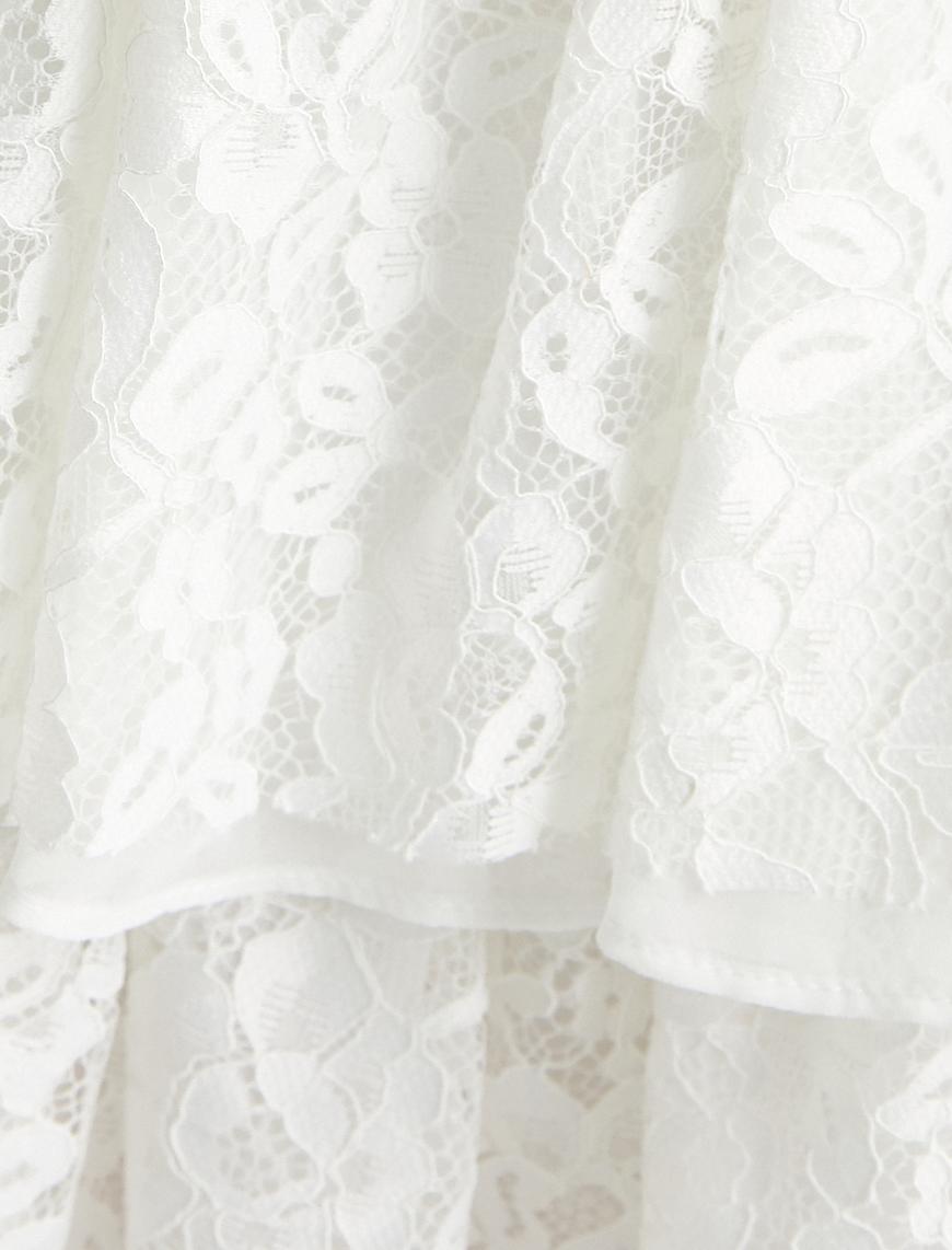   Mini Dantelli Elbise Bridal Omzu Açık Kolları Fırfırlı Astarlı
