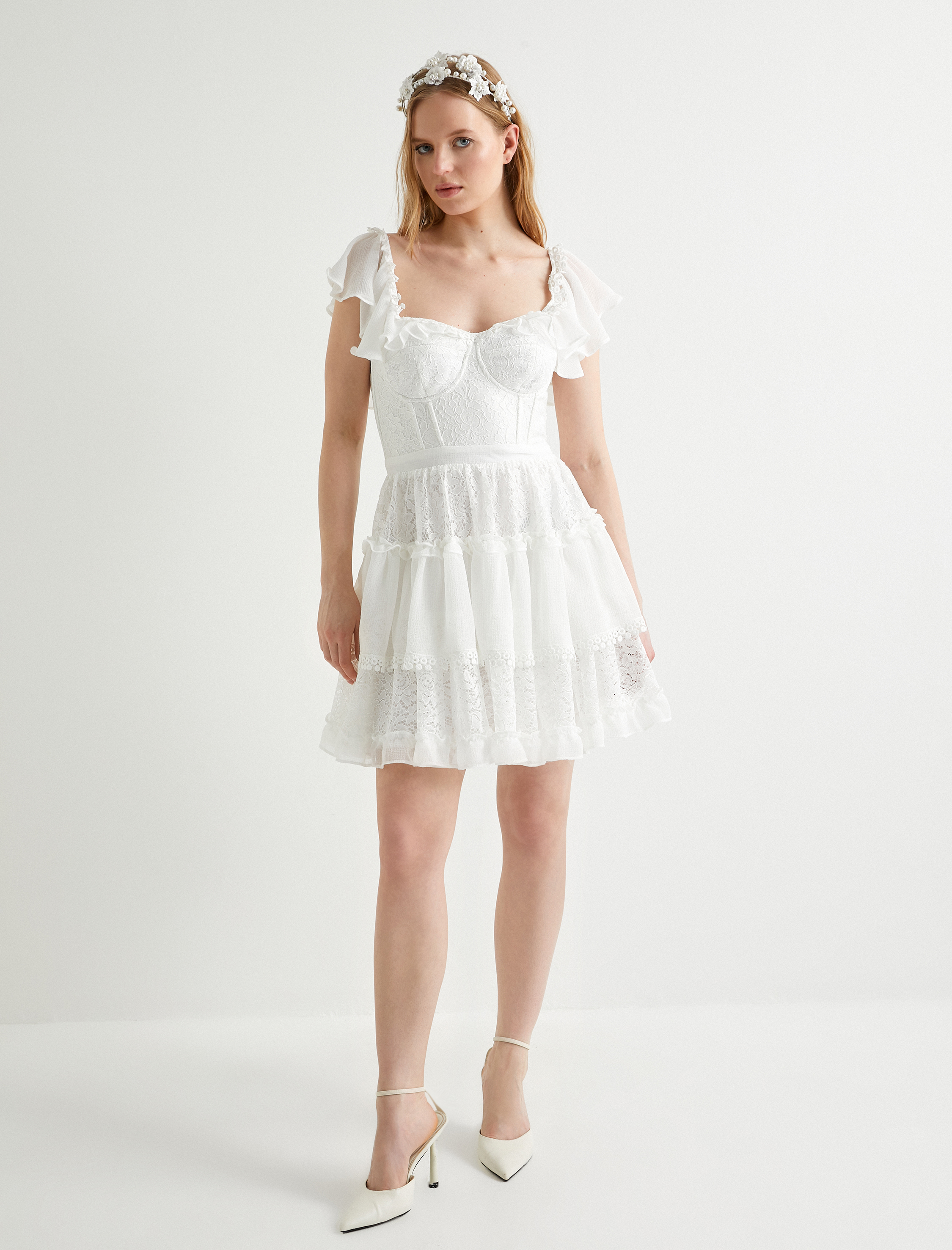   Mini Dantelli Elbise Bridal Kısa Tül Kol Kalp Yaka Astarlı