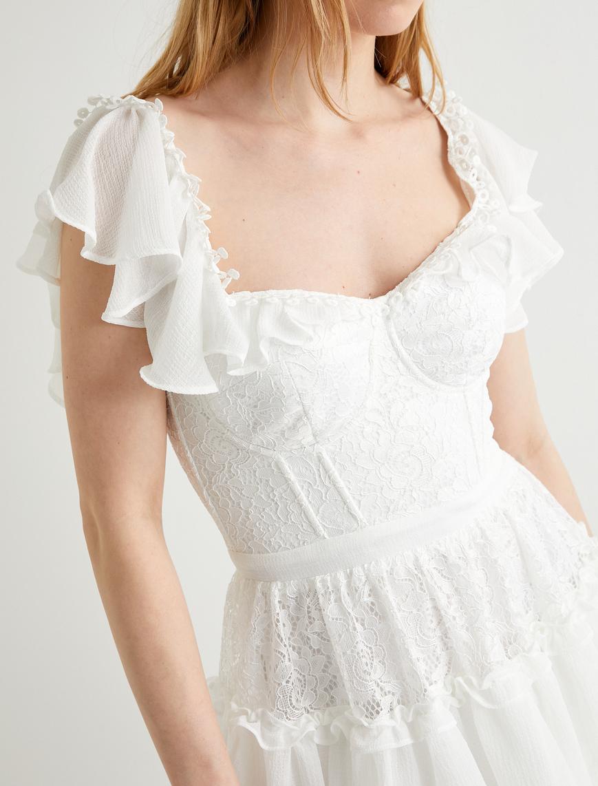   Mini Dantelli Elbise Bridal Kısa Tül Kol Kalp Yaka Astarlı