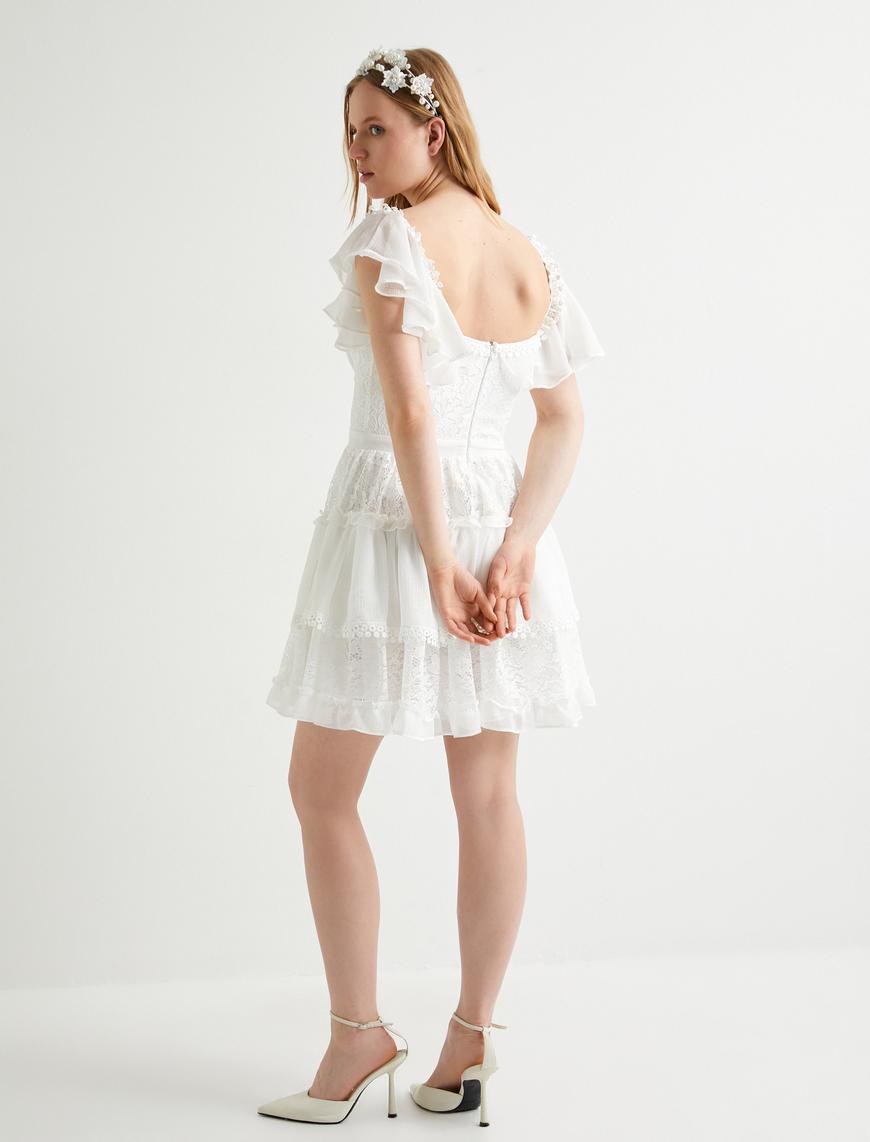   Mini Dantelli Elbise Bridal Kısa Tül Kol Kalp Yaka Astarlı