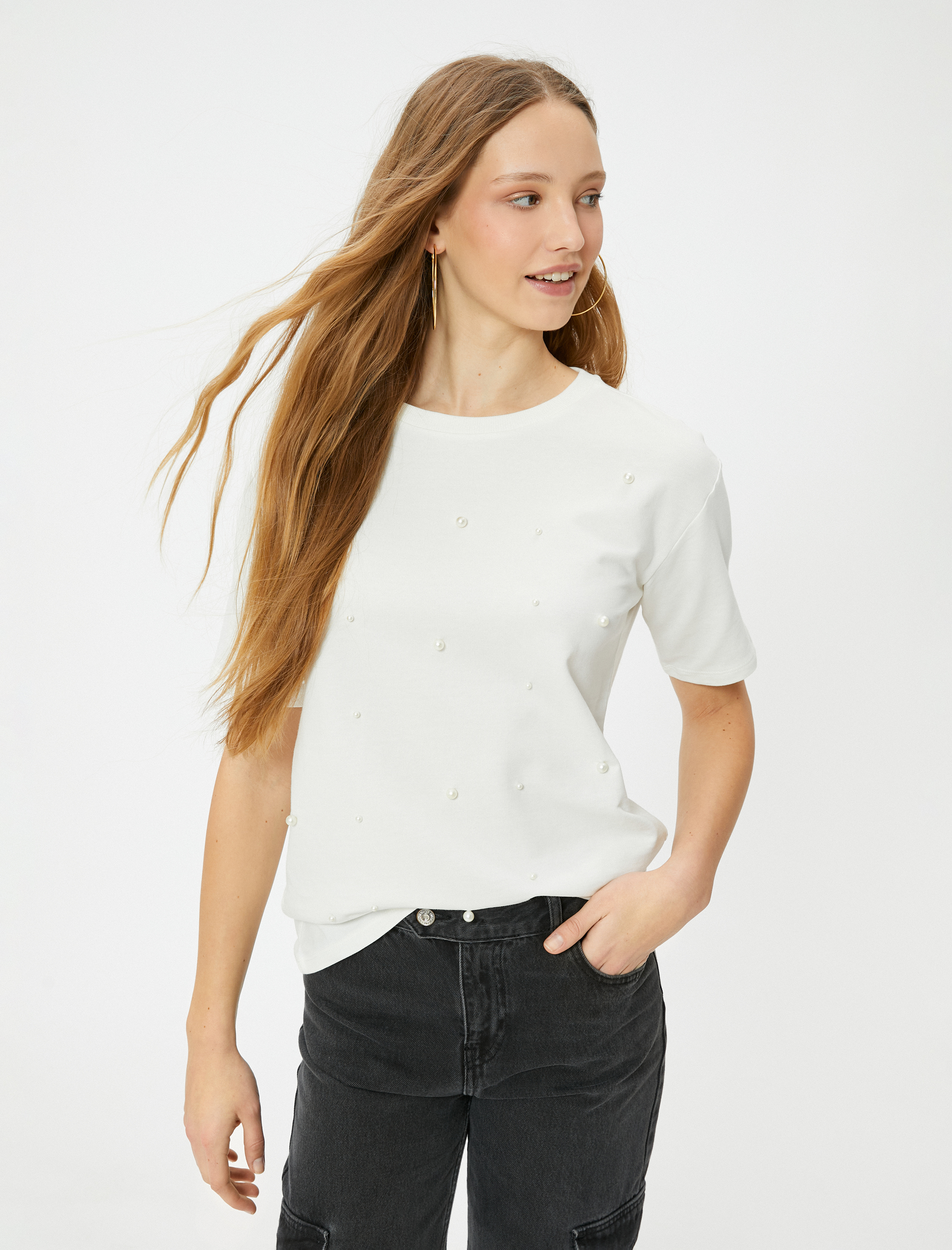   İnci Taşlı Tişört Kısa Kollu Bisiklet Yaka Pamuklu Rahat Kalıp