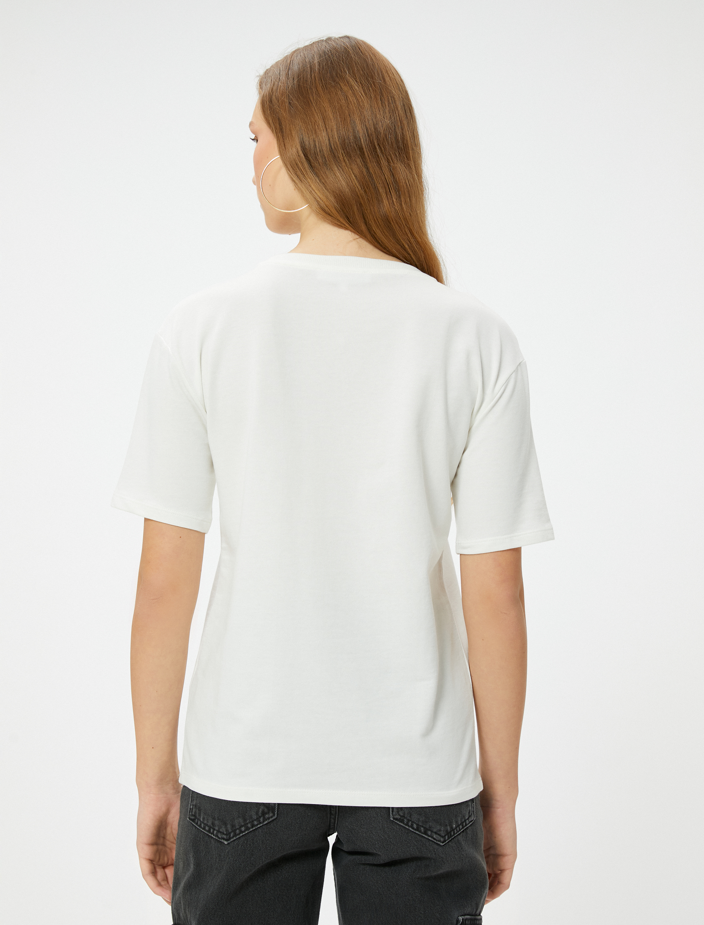   İnci Taşlı Tişört Kısa Kollu Bisiklet Yaka Pamuklu Rahat Kalıp