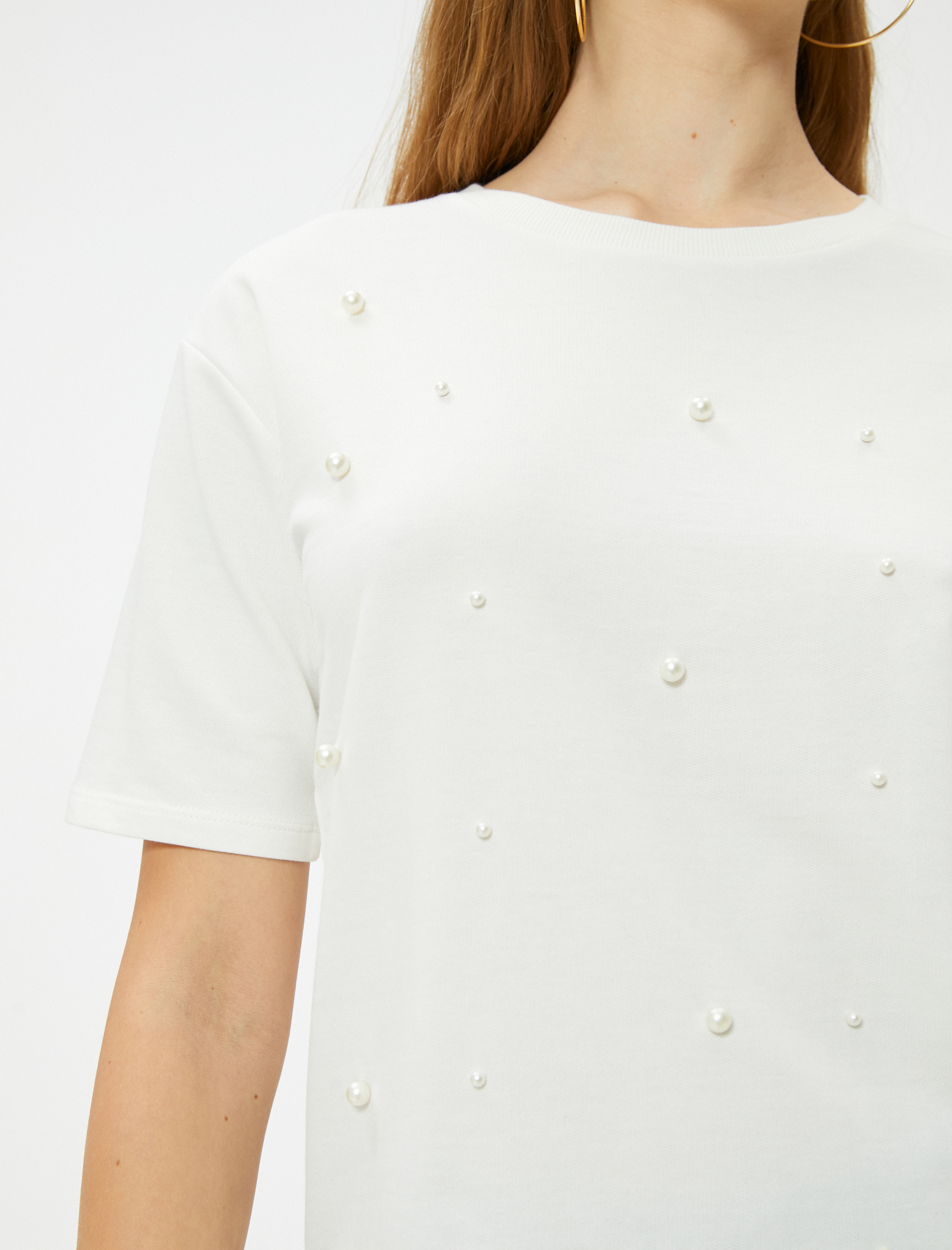   İnci Taşlı Tişört Kısa Kollu Bisiklet Yaka Pamuklu Rahat Kalıp