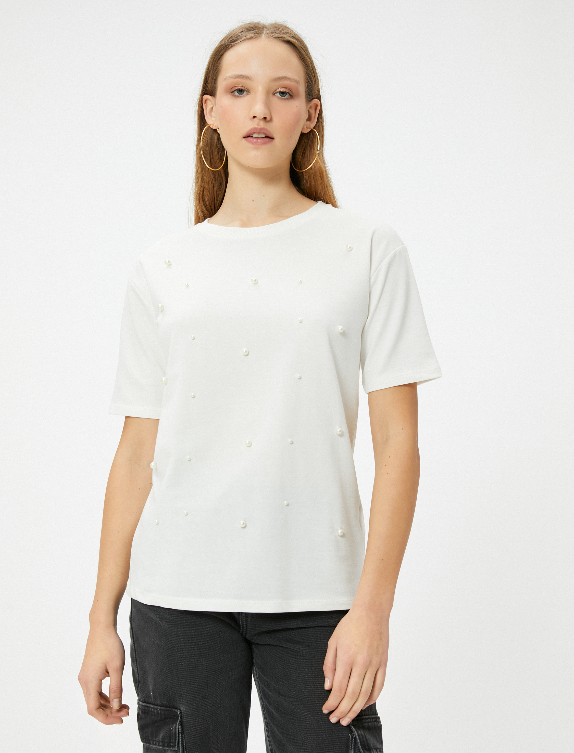   İnci Taşlı Tişört Kısa Kollu Bisiklet Yaka Pamuklu Rahat Kalıp
