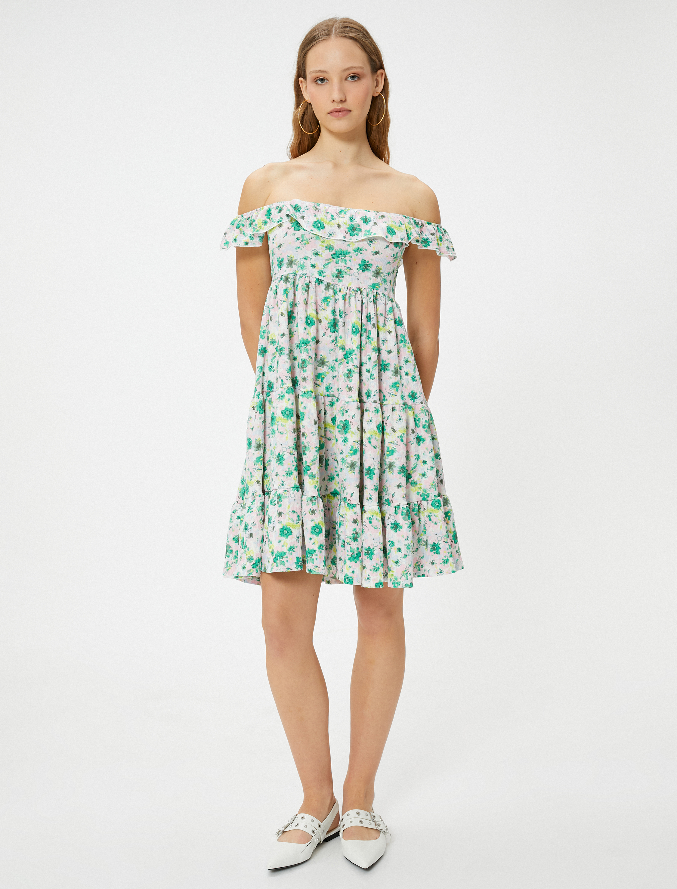   Çiçekli Madonna Yaka Omzu Açık Elbise Midi Boy Katlı Rahat Kalıp Bürümcük