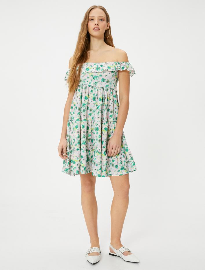  Çiçekli Madonna Yaka Omzu Açık Elbise Midi Boy Katlı Rahat Kalıp Bürümcük