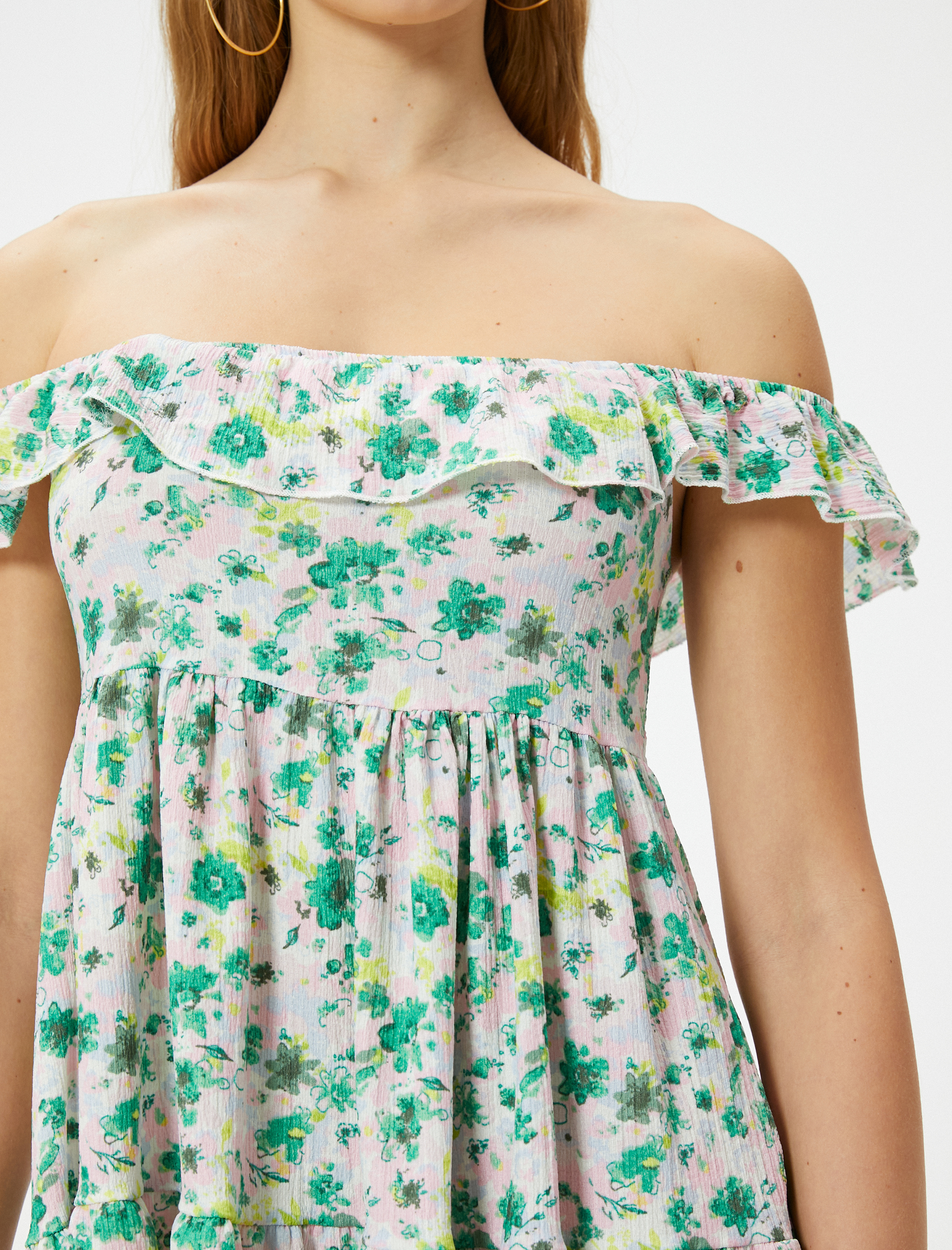   Çiçekli Madonna Yaka Omzu Açık Elbise Midi Boy Katlı Rahat Kalıp Bürümcük