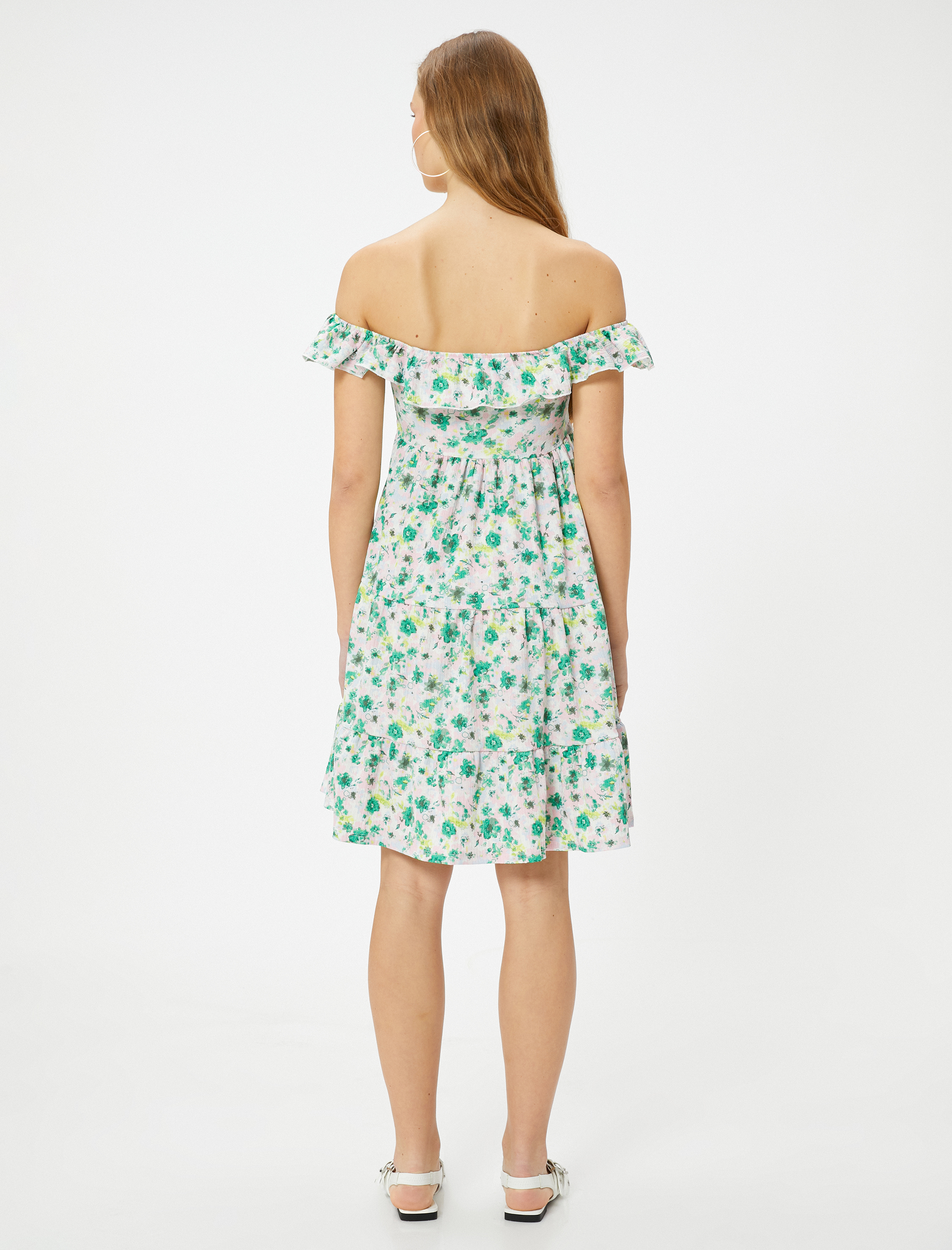   Çiçekli Madonna Yaka Omzu Açık Elbise Midi Boy Katlı Rahat Kalıp Bürümcük