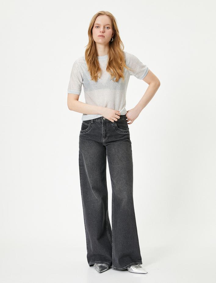  Metalik Simli Tişört Bisiklet Yaka Kısa Kollu Parlak Taşlı