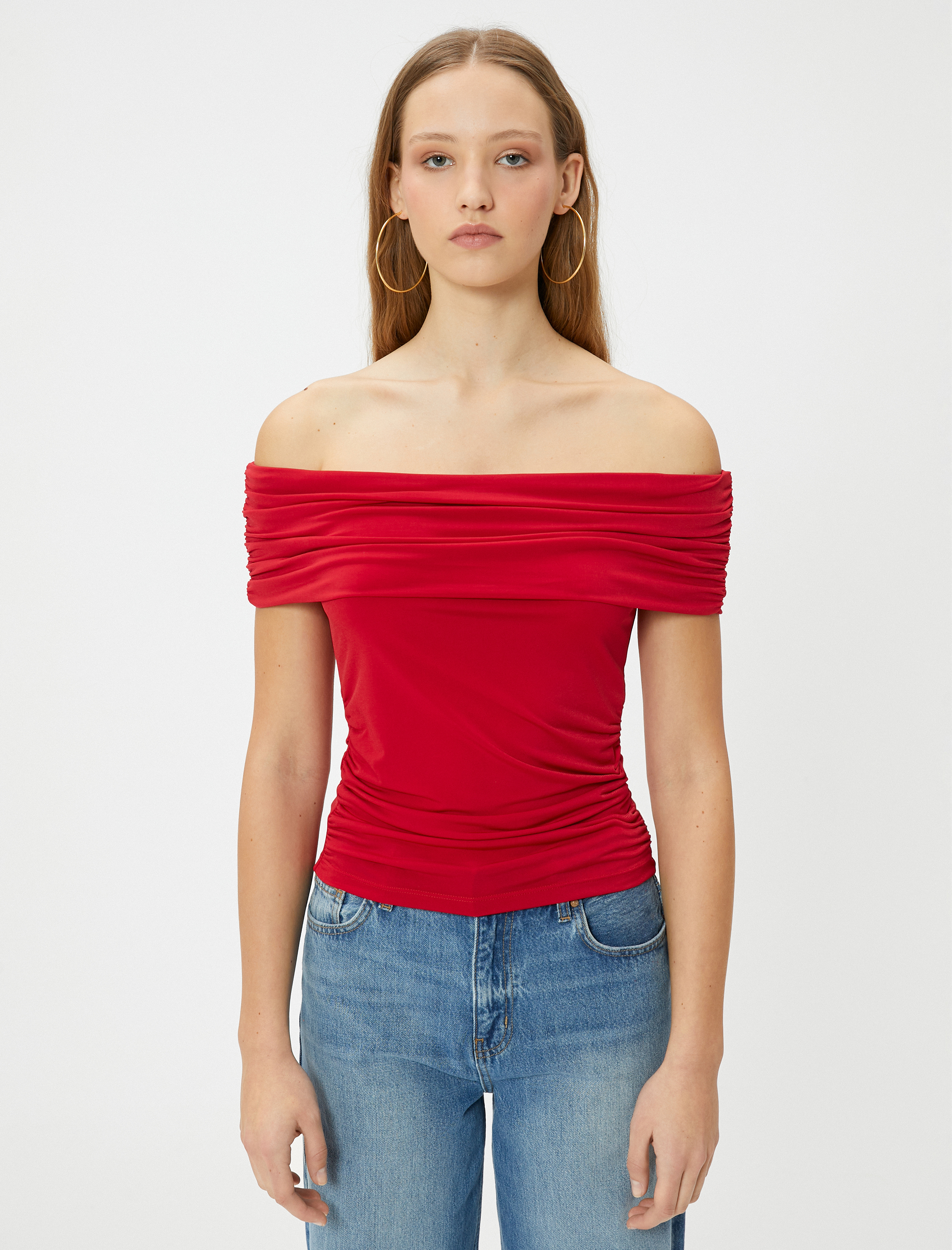   Omuzları Açık Bluz Drape Detaylı Slim Fit