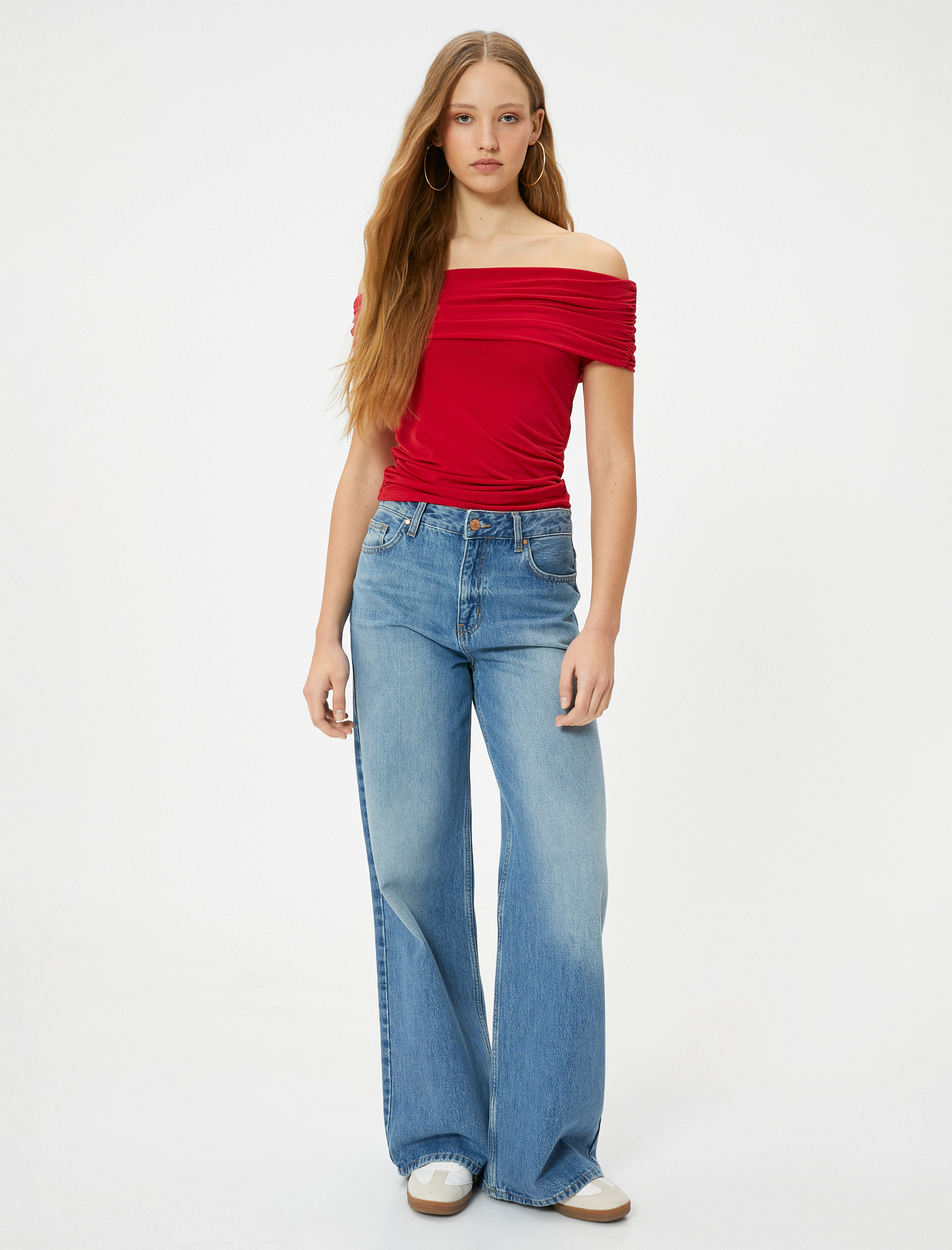   Omuzları Açık Bluz Drape Detaylı Slim Fit