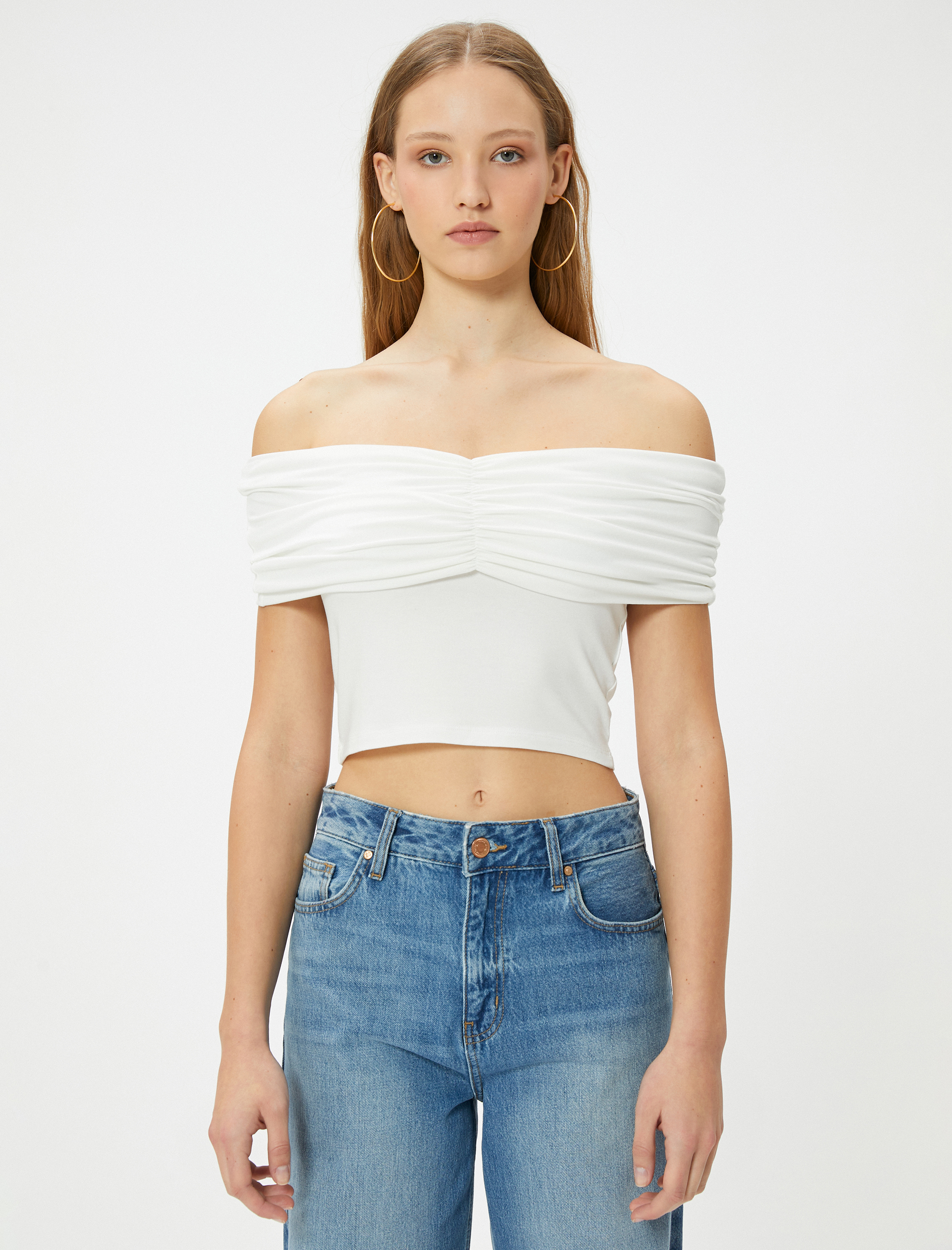   Madonna Yaka Tişört Omzu Açık Crop Drape Detaylı Viskoz Kumaş Slim Fit