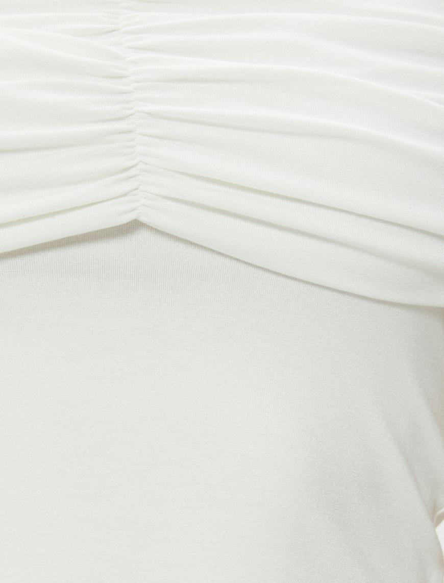   Madonna Yaka Tişört Crop Drape Detaylı Viskoz Kumaş Slim Fit