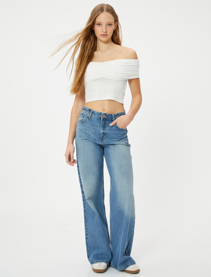  Madonna Yaka Tişört Omzu Açık Crop Drape Detaylı Viskoz Kumaş Slim Fit