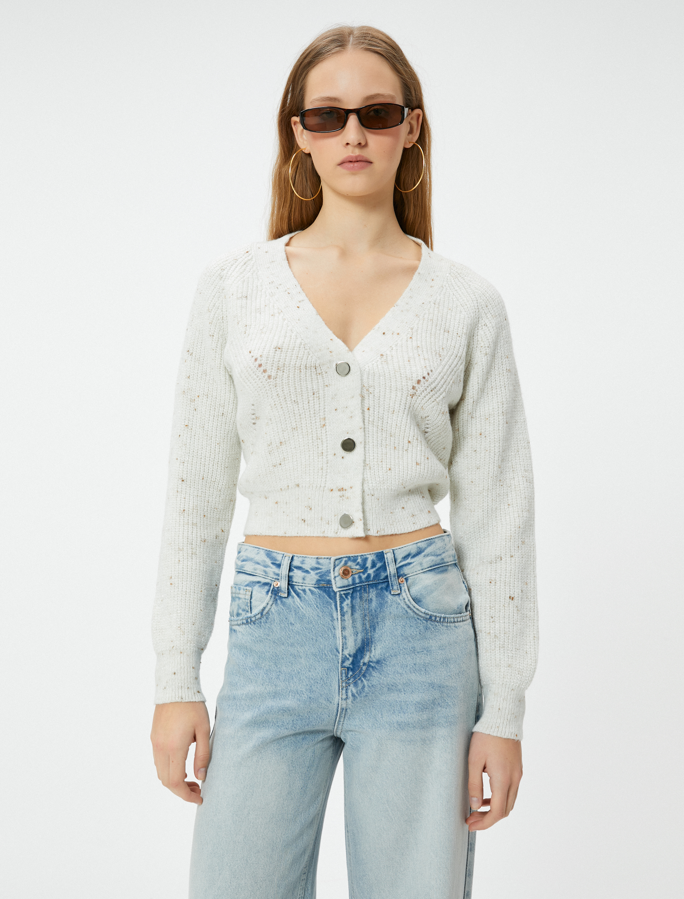   Triko Kısa Hırka Düğmeli Metalik İplik Detaylı Uzun Kollu V Yaka