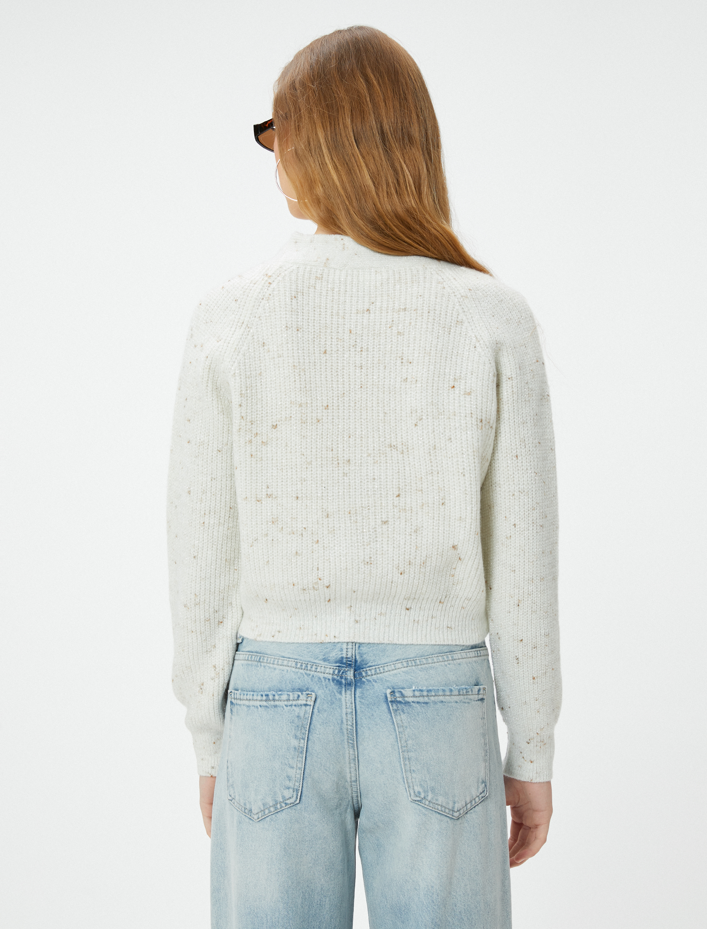   Triko Kısa Hırka Düğmeli Metalik İplik Detaylı Uzun Kollu V Yaka