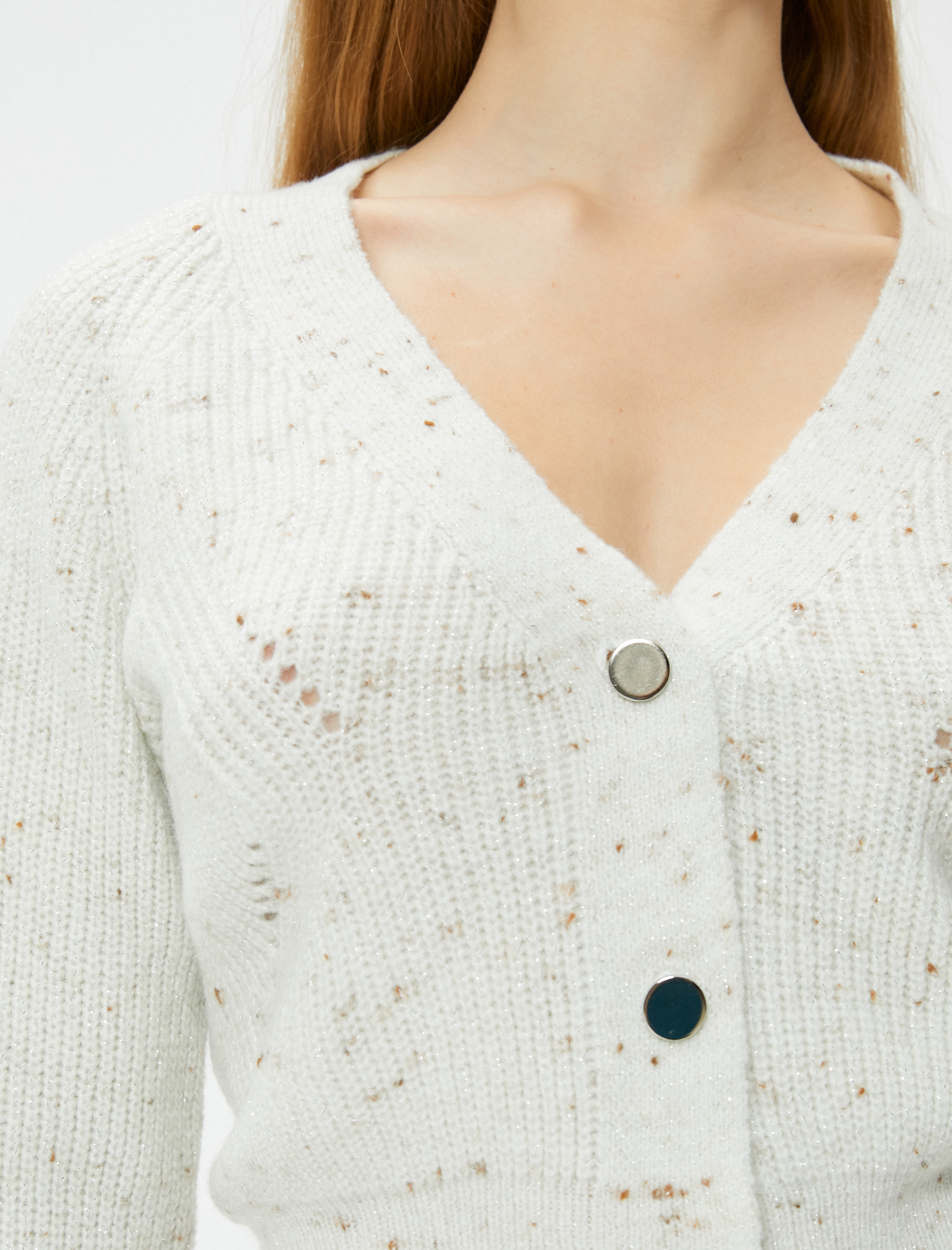   Triko Kısa Hırka Düğmeli Metalik İplik Detaylı Uzun Kollu V Yaka