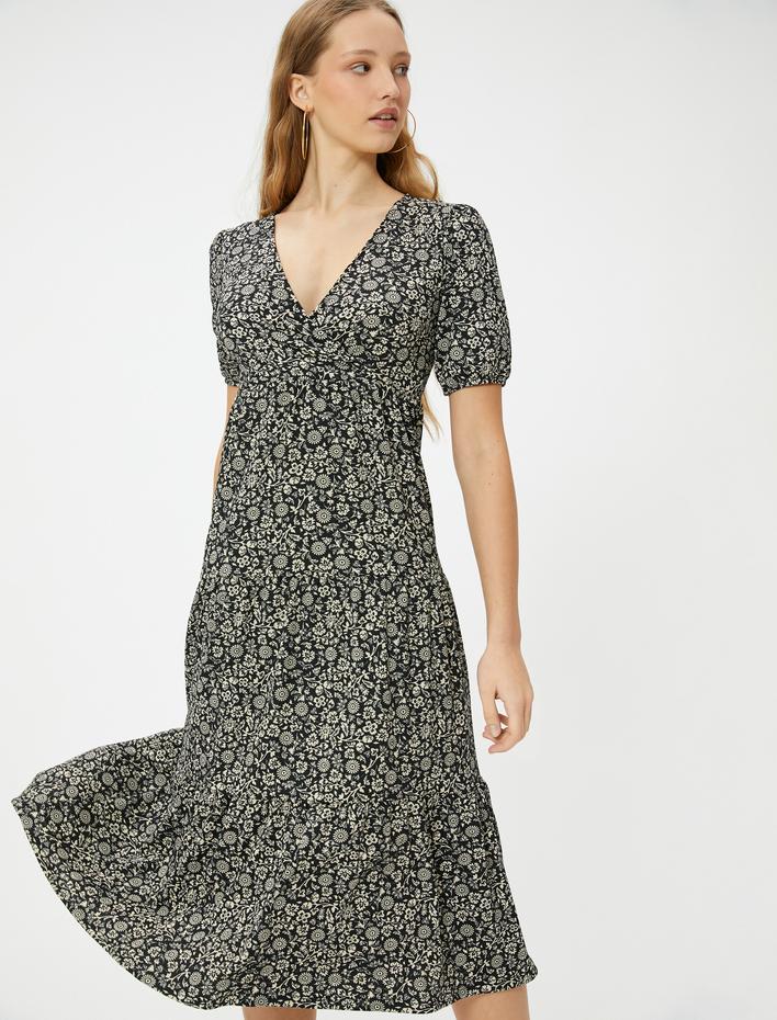  Çiçekli Elbise Midi Boy Kruvaze V Yaka Kısa Balon Kollu Rahat Kalıp Bürümcük