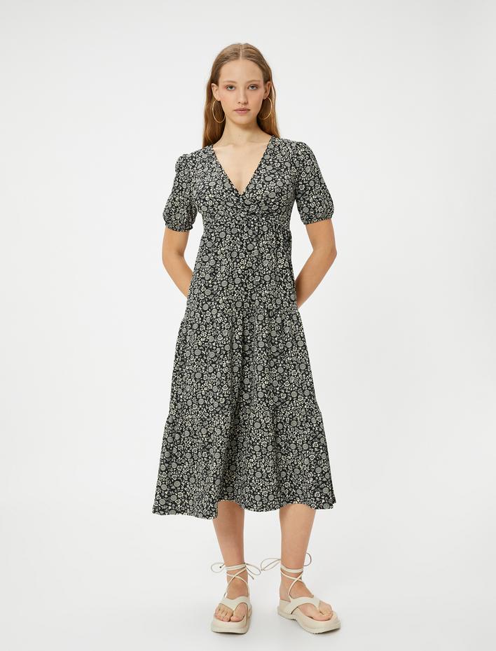  Çiçekli Elbise Midi Boy Kruvaze V Yaka Kısa Balon Kollu Rahat Kalıp Bürümcük