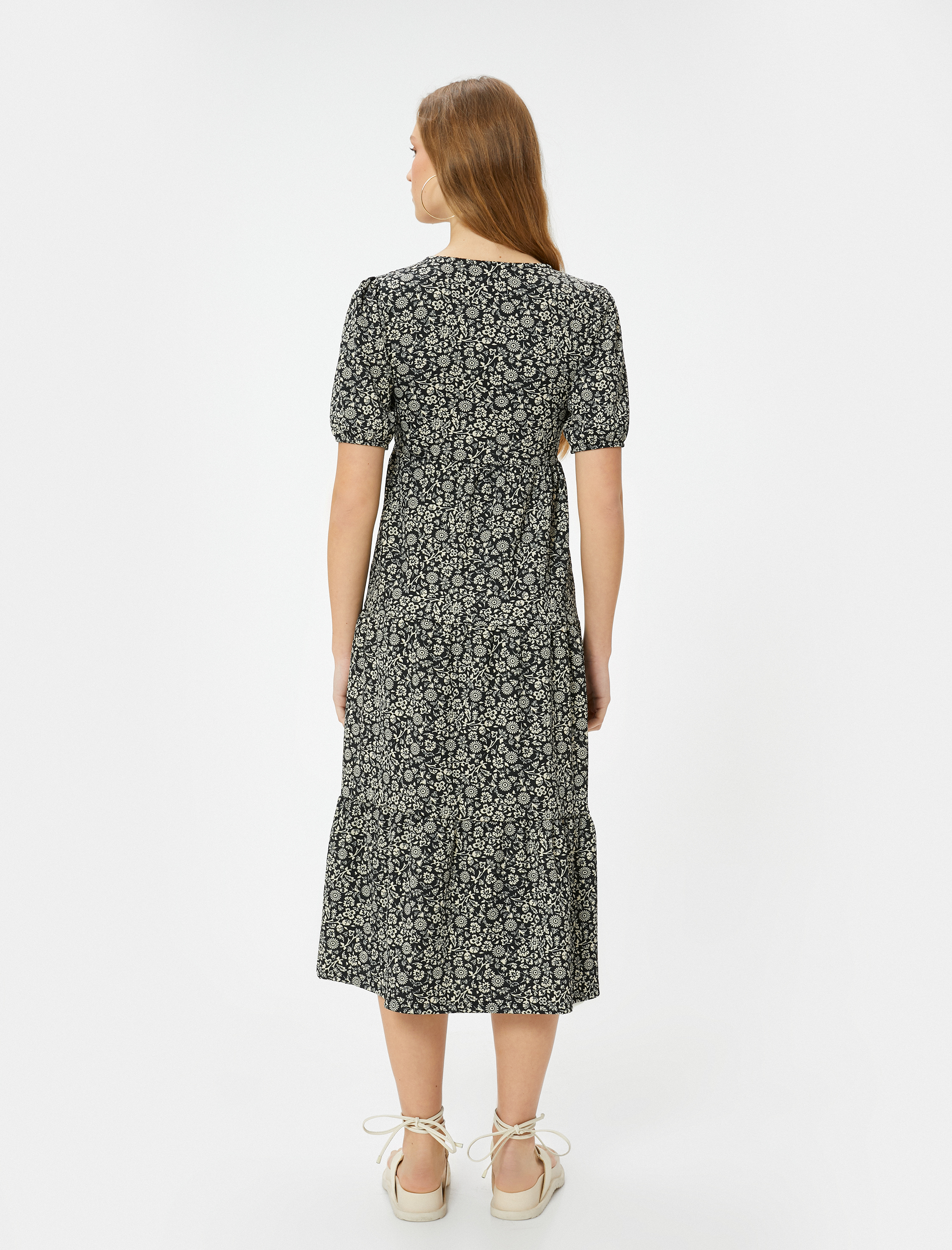   Çiçekli Elbise Midi Boy Kruvaze V Yaka Kısa Balon Kollu Rahat Kalıp Bürümcük