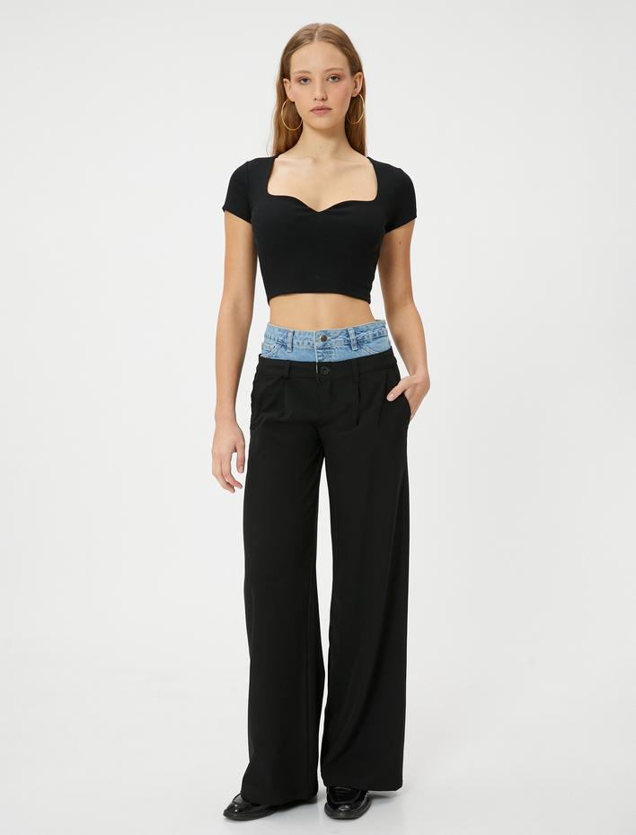  Kalp Yaka Crop Tişört Ribanalı Kısa Kollu Slim Fit