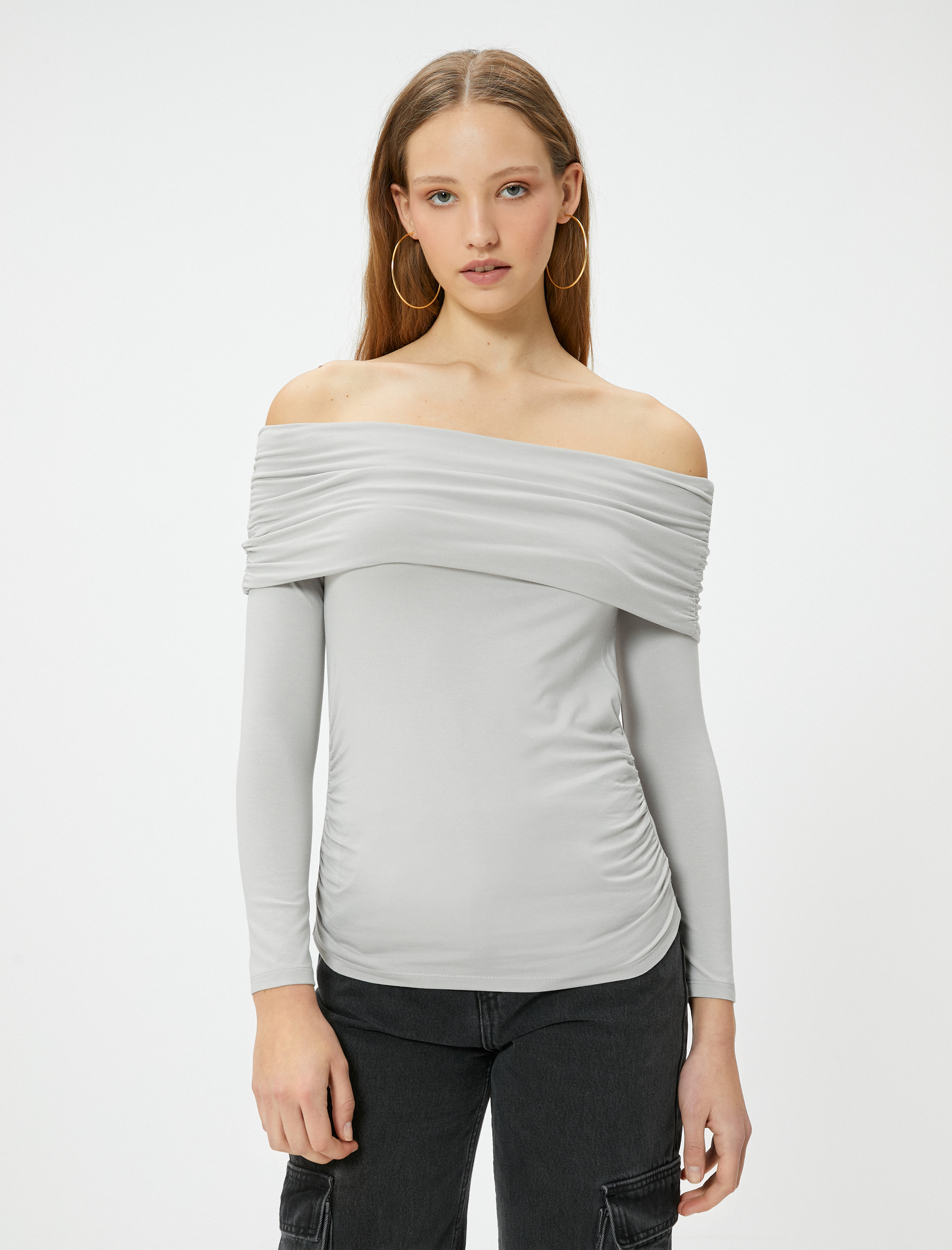   Madonna Yaka Omzu Açık Tişört Uzun Kollu Viskoz Kumaş Slim Fit