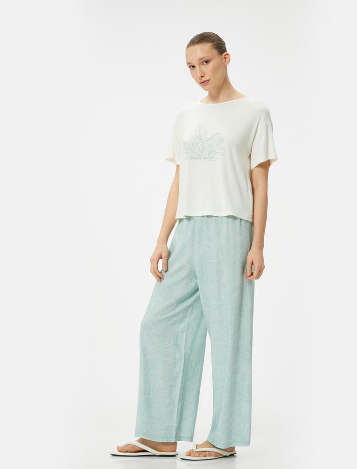  Kısa Kollu Pijama Takımı Bisiklet Yaka Düz Paça Viskon