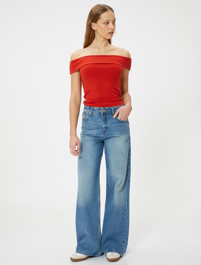  Madonna Yaka Tişört Omzu Açık Slim Fit