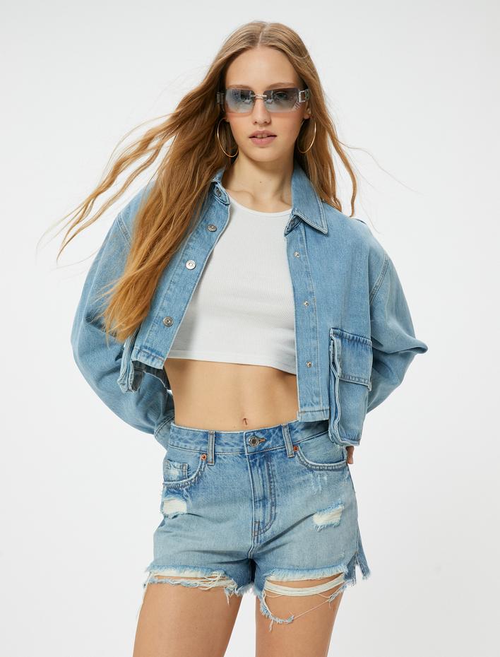  Kot Şort Yüksek Bel Yıpratılmış Detaylı