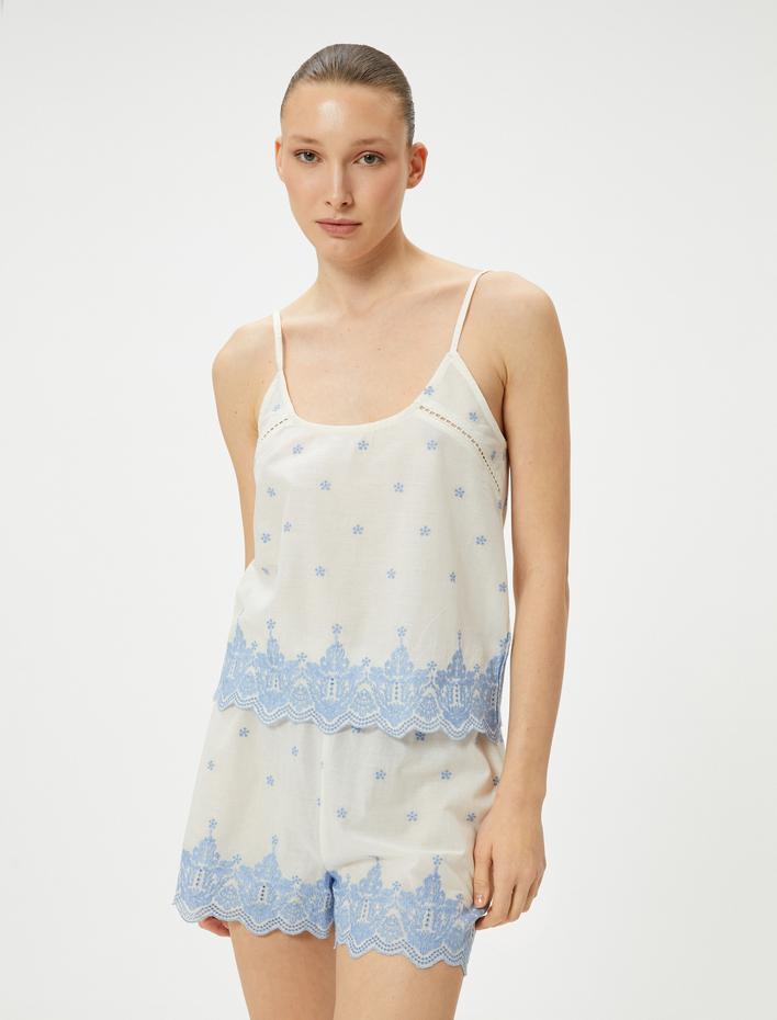  Pijama Altı Şort Nakışlı Beli Lastikli Pamuklu