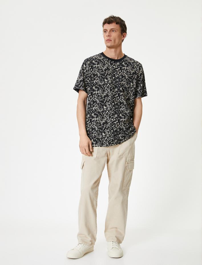  Soyut Baskılı Tişört Bisiklet Yaka Kısa Kollu Pamuklu