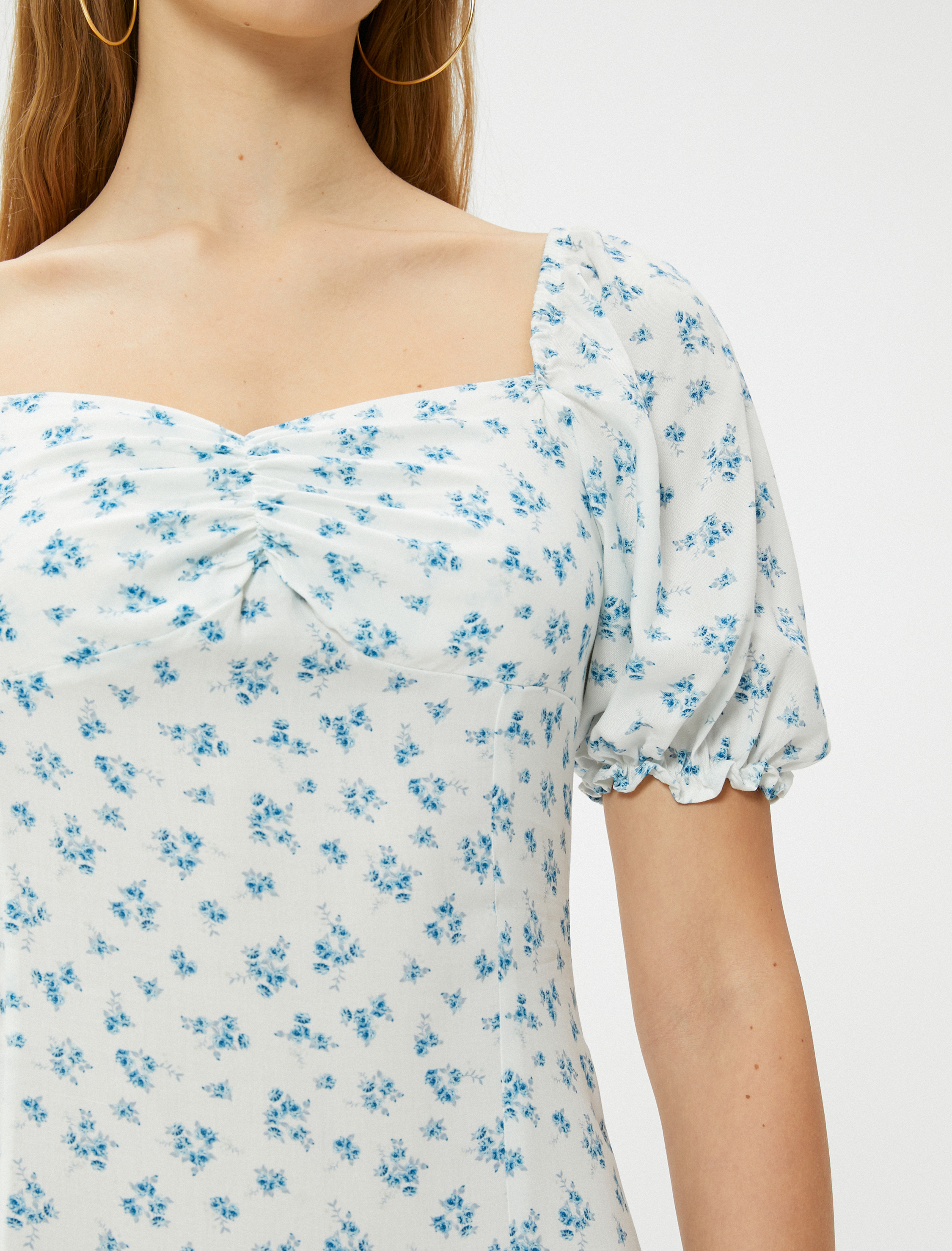   Mini Balon Kol Çiçekli Elbise Viskoz Kumaş