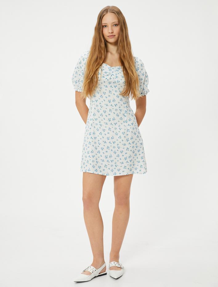  Mini Balon Kol Çiçekli Elbise Viskoz Kumaş