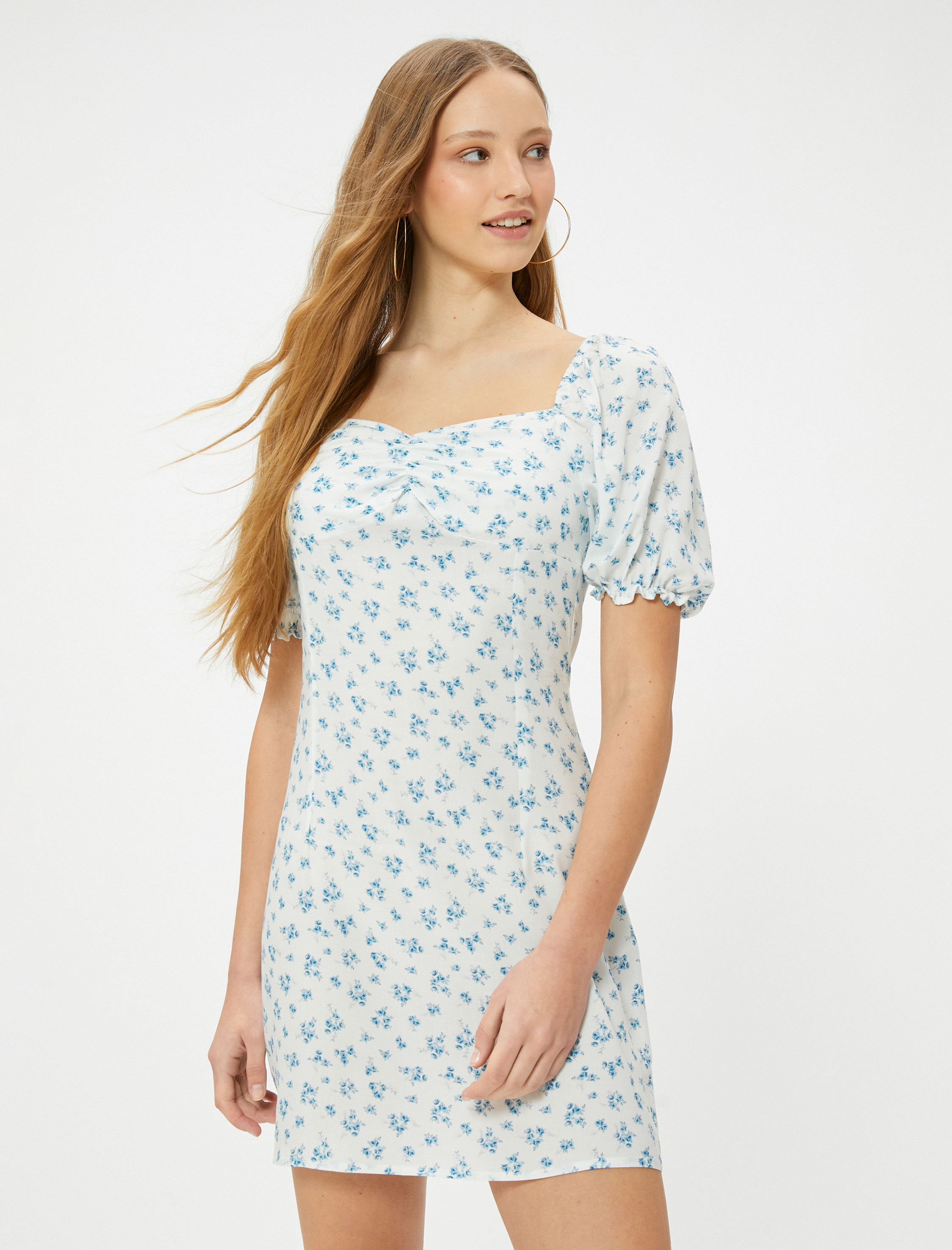   Mini Balon Kol Çiçekli Elbise Viskoz Kumaş