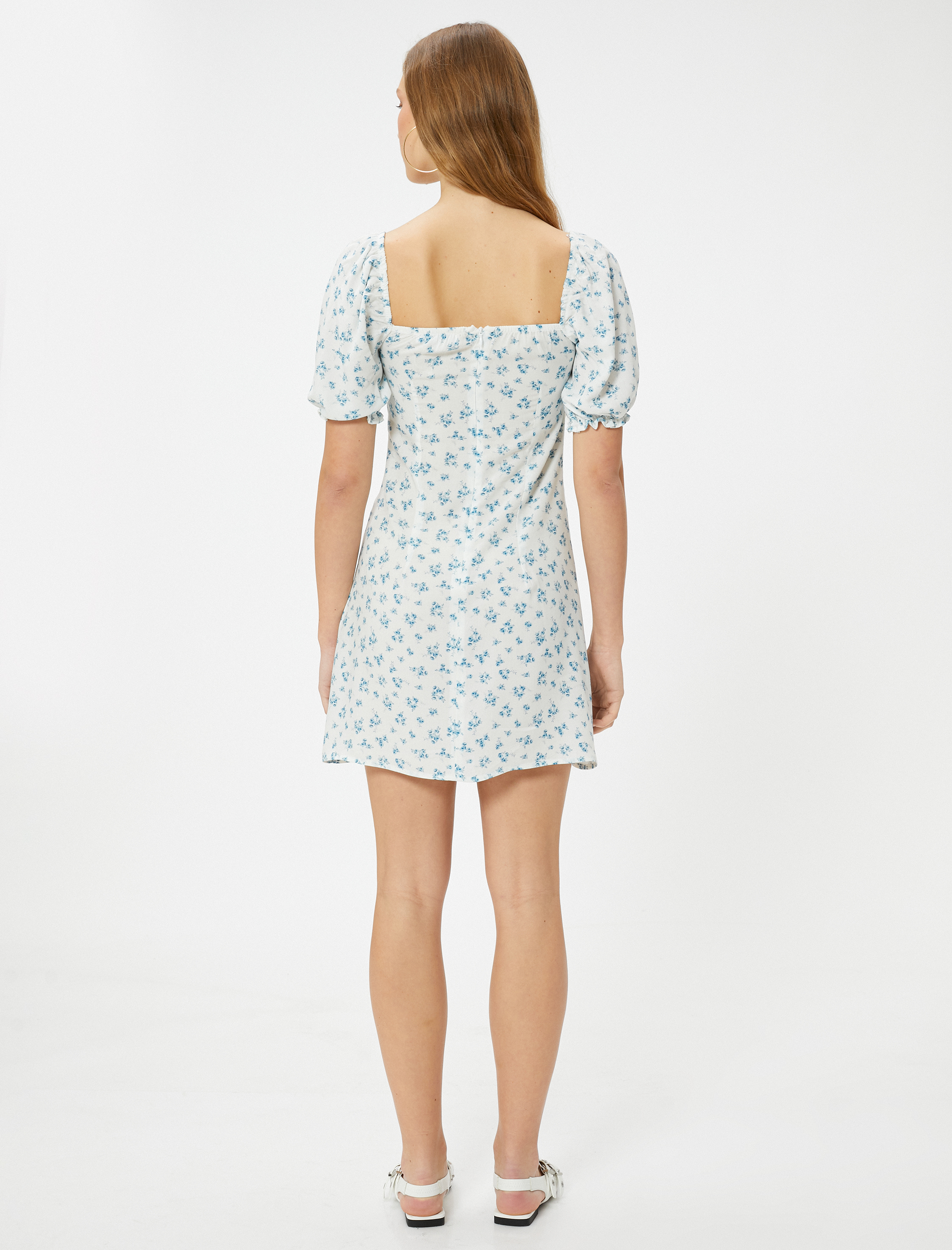   Mini Balon Kol Çiçekli Elbise Viskoz Kumaş