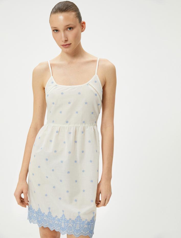  Mini Gecelik Askılı Nakışlı U Yaka Beli Büzgülü Pamuklu