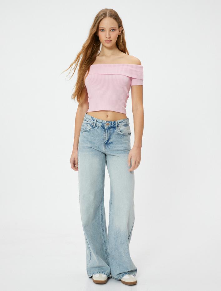  Madonna Yaka Tişört Crop Omzu Açık Ribanalı Kısa Kollu Slim Fit