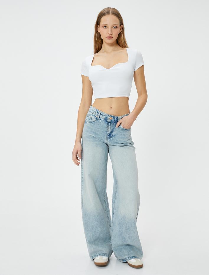  Kalp Yaka Crop Tişört Ribanalı Kısa Kollu Slim Fit