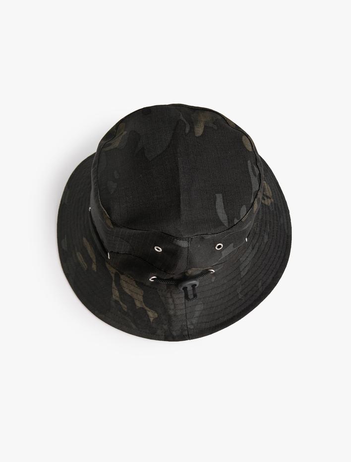 Erkek Bucket Şapka Kamuflaj Desenli Lastik Detaylı