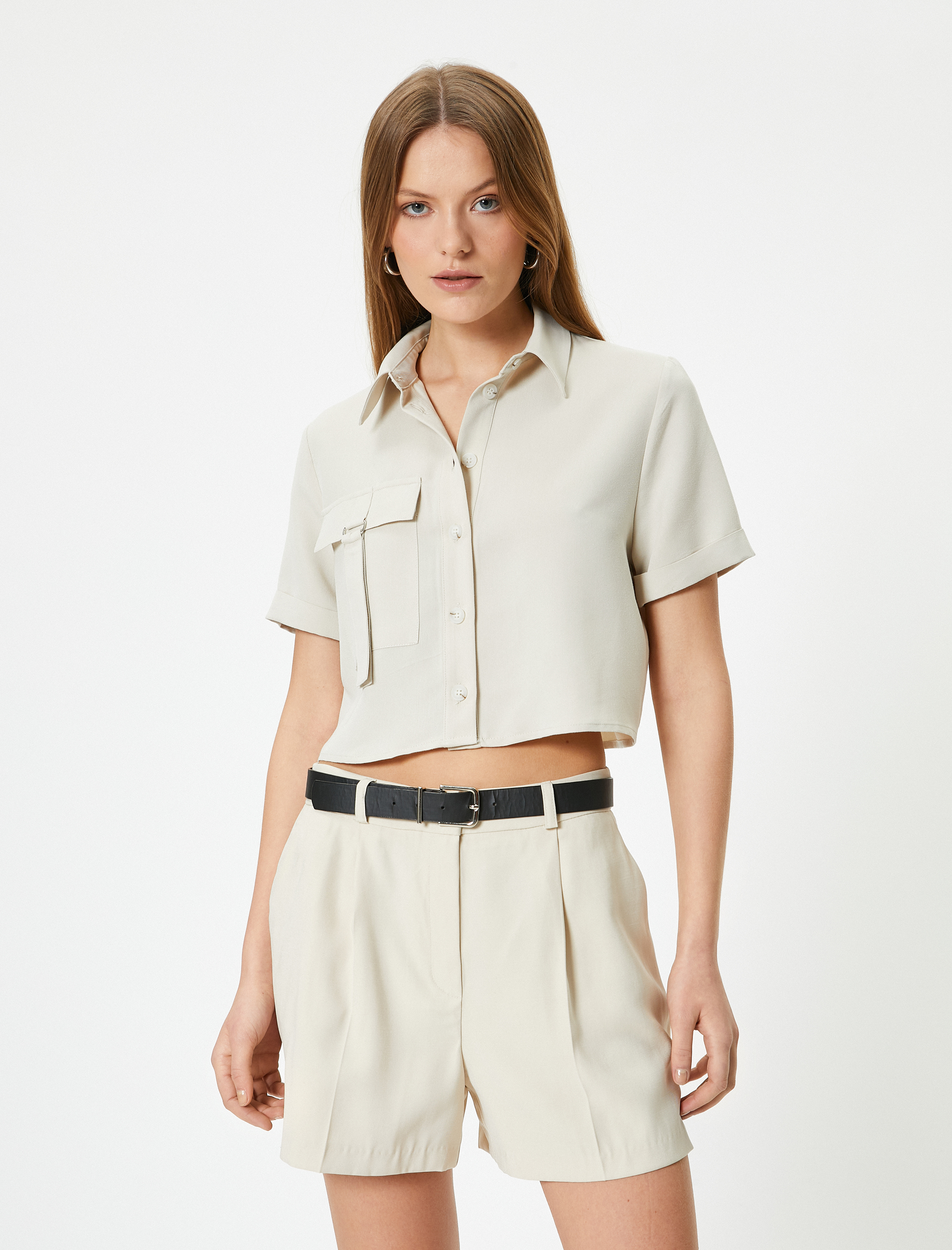   Crop Gömlek Kargo Cepli Kısa Kollu Düğmeli Modal Karışımlı