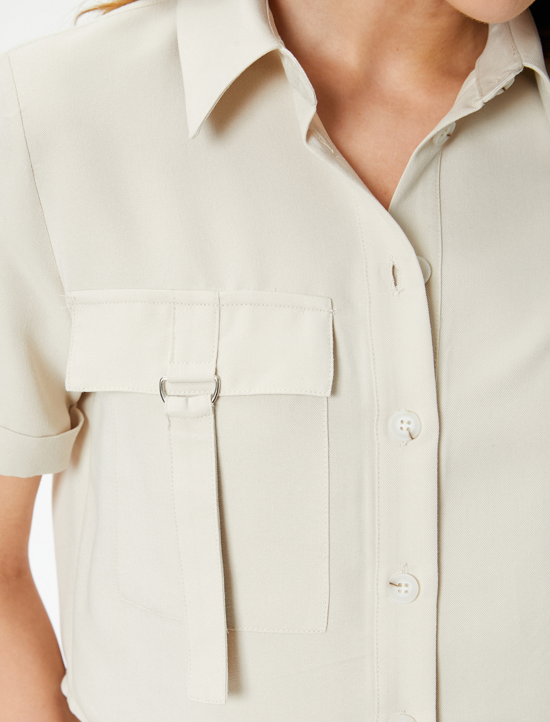   Crop Gömlek Kargo Cepli Kısa Kollu Düğmeli Modal Karışımlı