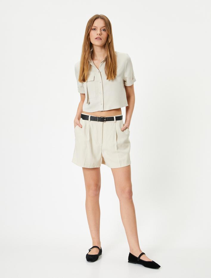  Crop Gömlek Kargo Cepli Kısa Kollu Düğmeli Modal Karışımlı