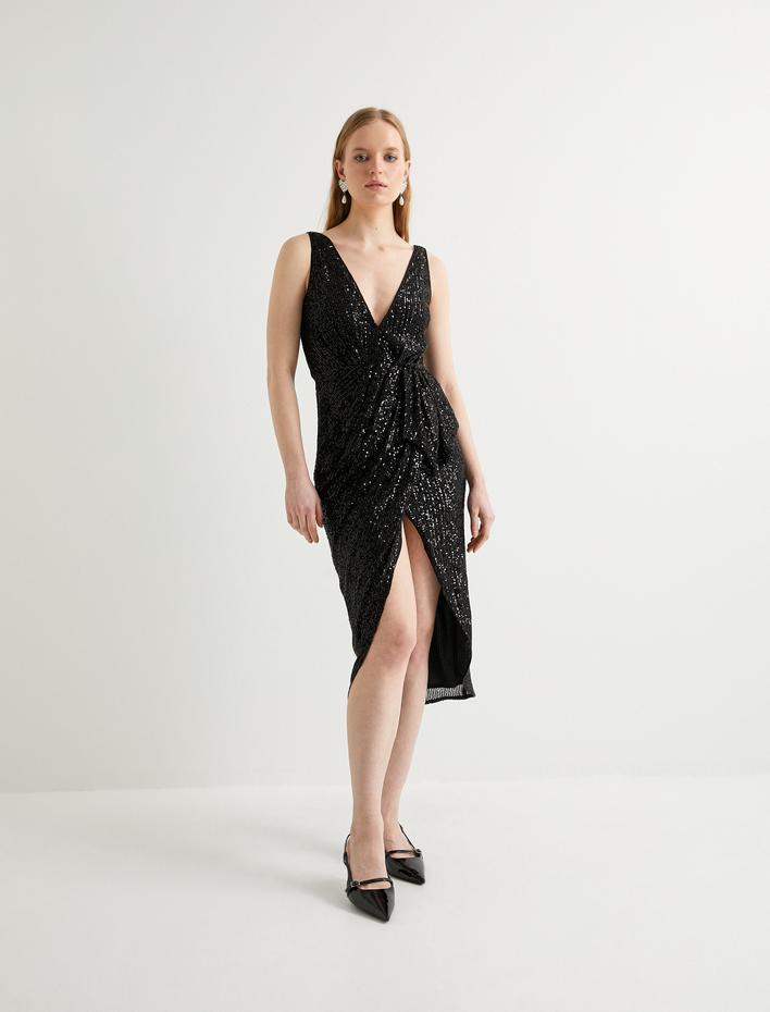  Pullu Payetli Abiye Elbise Midi Boy Kruvaze Yaka Derin Yırtmaçlı V Yaka