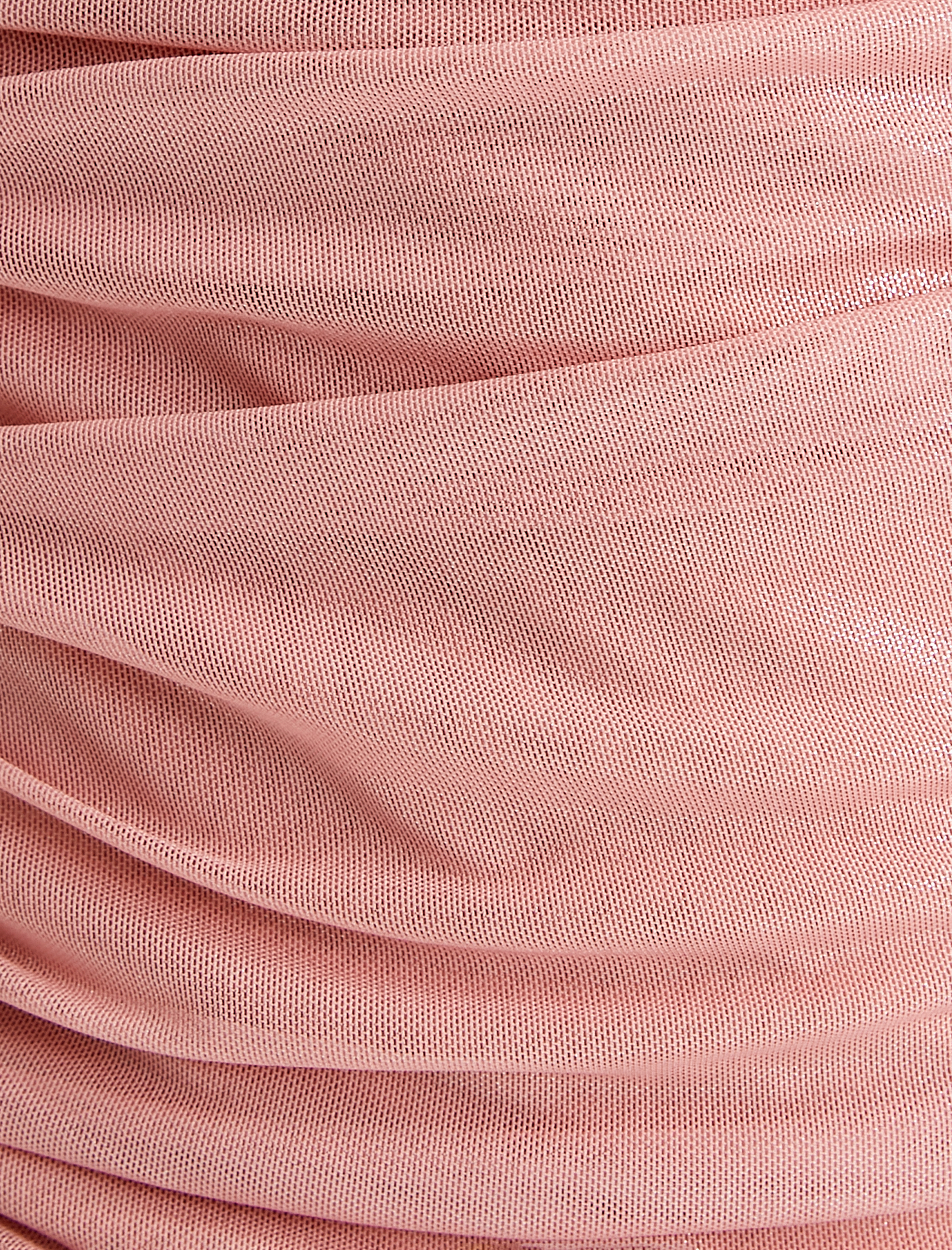   Straplez Elbise Parlak Tül Drape Detaylı Mini Boy Etek Ucu Fırfırlı Katlı