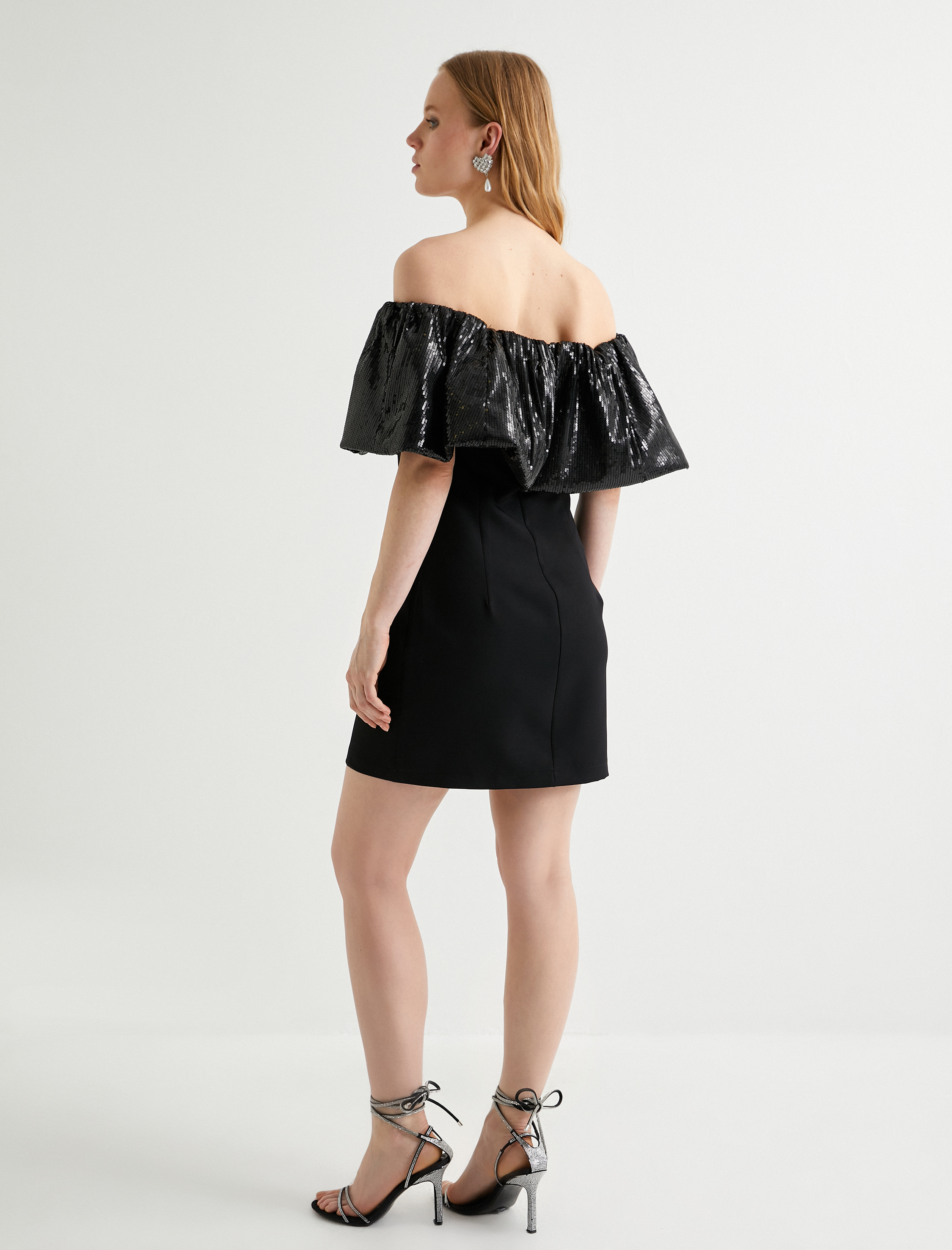 Pullu Payetli Abiye Elbise Omzu Açık Mini Boy Slim Fit