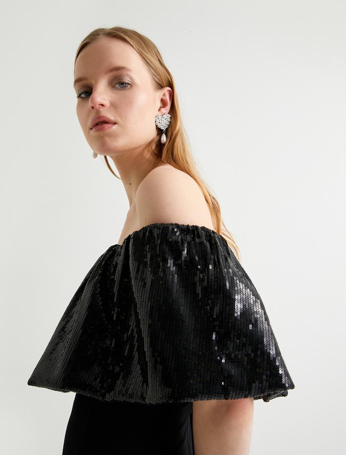  Pullu Payetli Abiye Elbise Omzu Açık Mini Boy Slim Fit