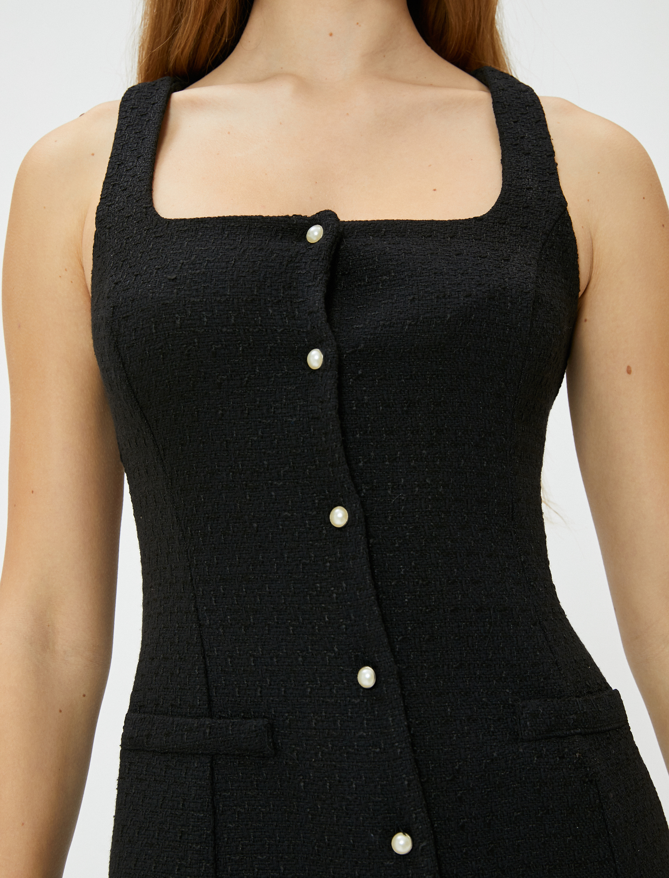   Mini Tüvit Elbise Salopet İnci Düğme Detaylı Cepli Slim Fit