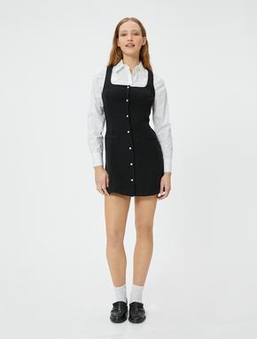 Mini Tüvit Elbise Salopet İnci Düğme Detaylı Cepli Slim Fit