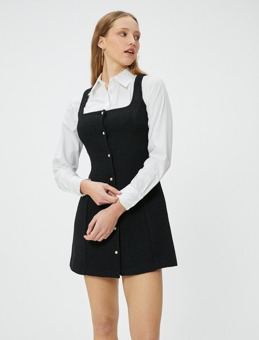  Mini Tüvit Elbise Salopet İnci Düğme Detaylı Cepli Slim Fit