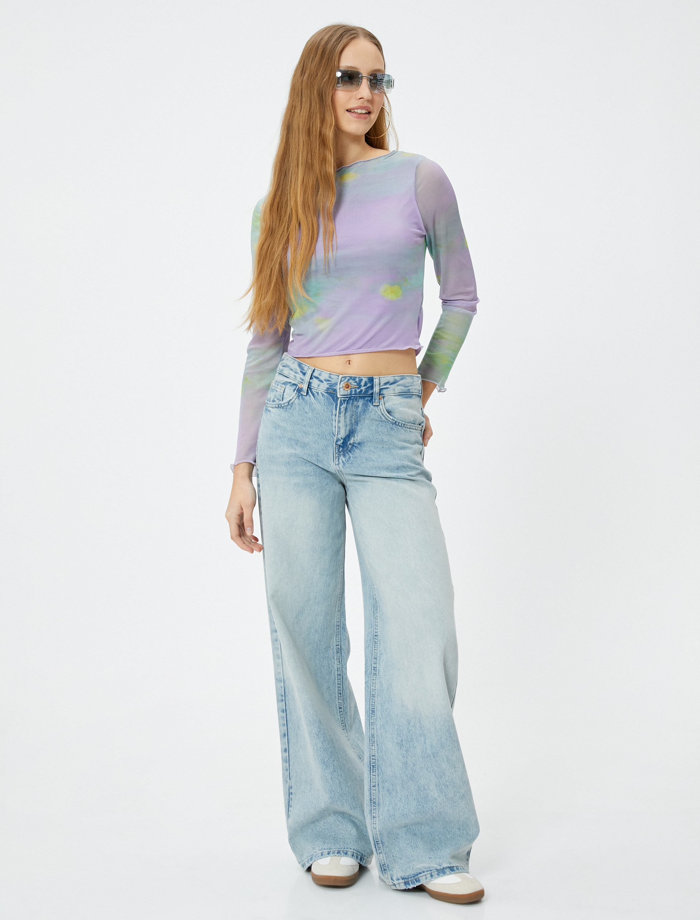 Batik Desenli Crop Tişört Uzun Kollu Bisiklet Yaka